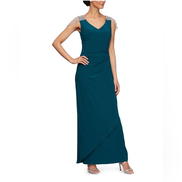 Alex Evenings Teal Dress with Pearl Cap Sleeves
